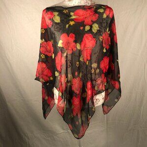 🌺Romantic Coquette Floral Poncho – Black with Red & Golden Sheer Layer | 1 size